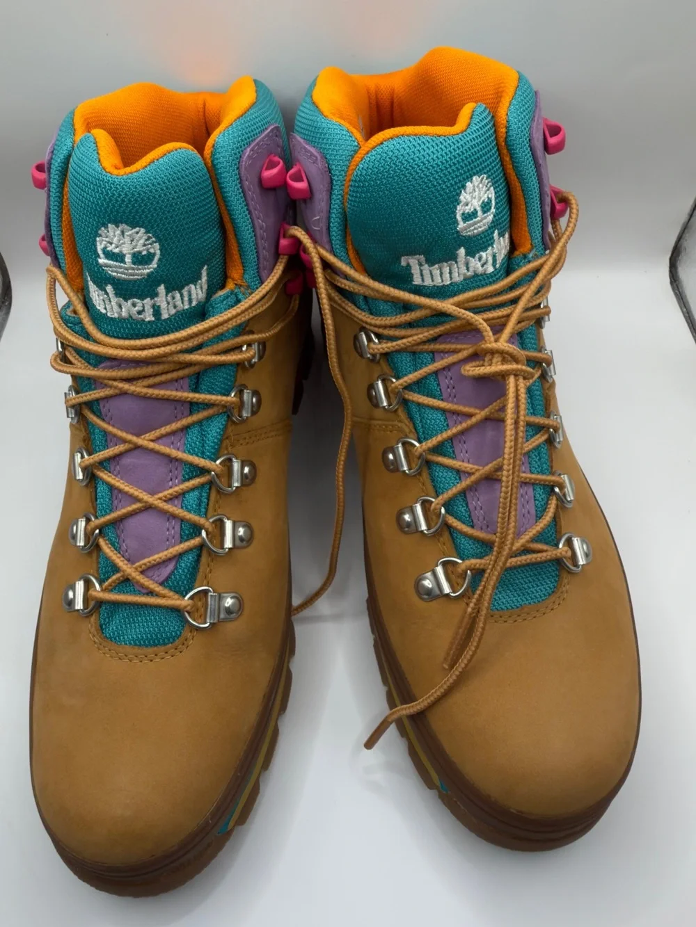 Timberland Women's Wheat Nubuck Boots with Teal and Purple Accents